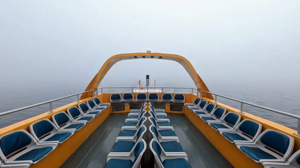 The image shows an empty deck of a ferry with rows of blue seats, a yellow structure overhead, and fog obscuring the sea and horizon.