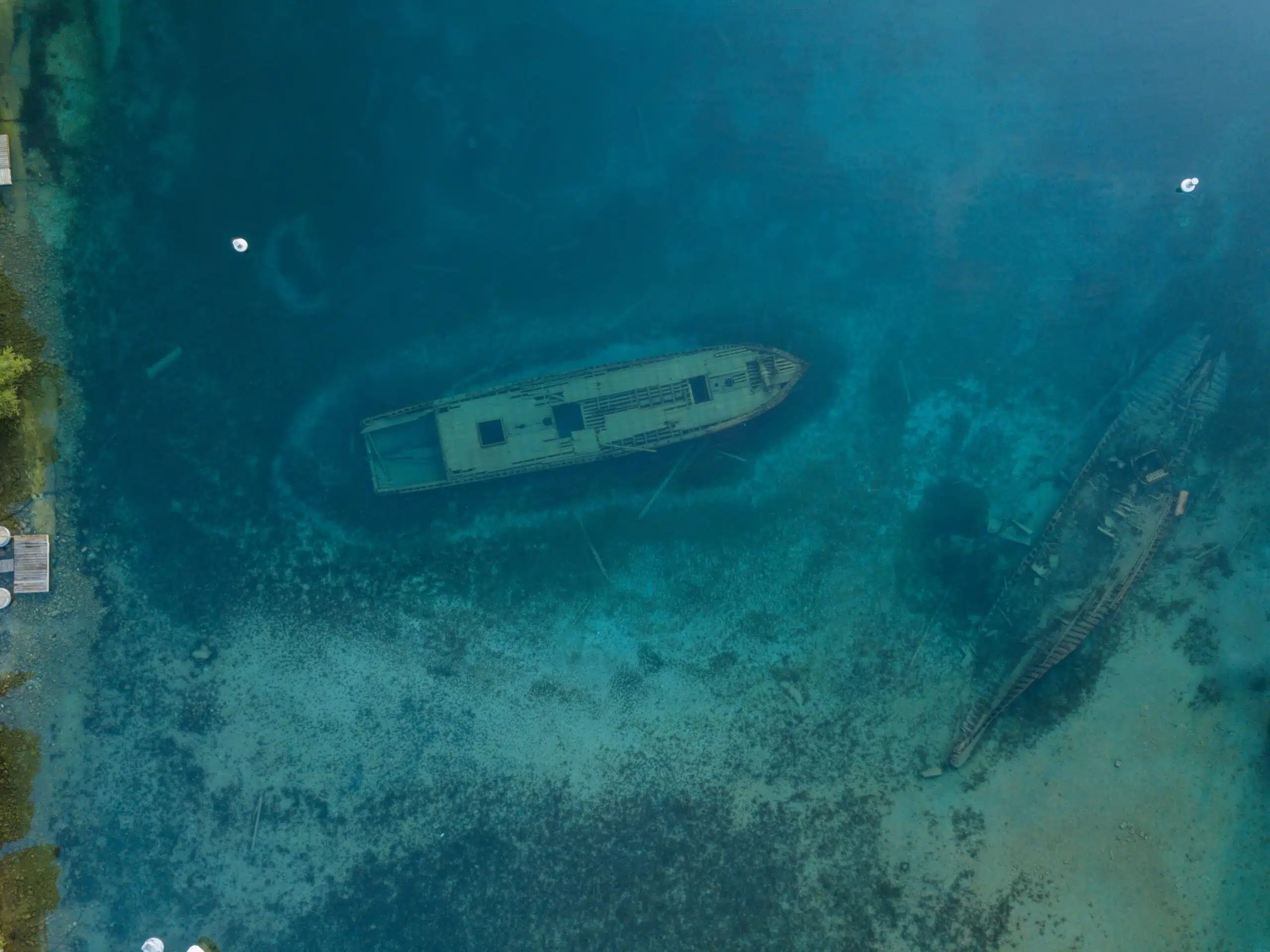 Aerial of the historic sight (1867) of the Canadian Schooner Ship Sweepstakes is a sunken ship wreck in Tobermory in the Fathom Five National Marine Park and popular among divers and tourism